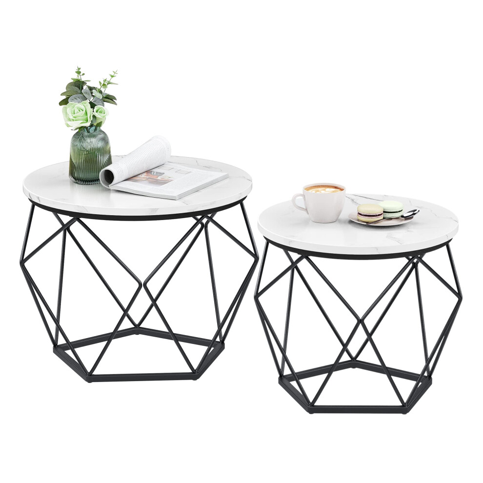 VASAGLE Small Coffee Table Set of 2  Round Coffee Table with Steel Frame  Side End Table for Living Room  Bedroom  Office  Marbl