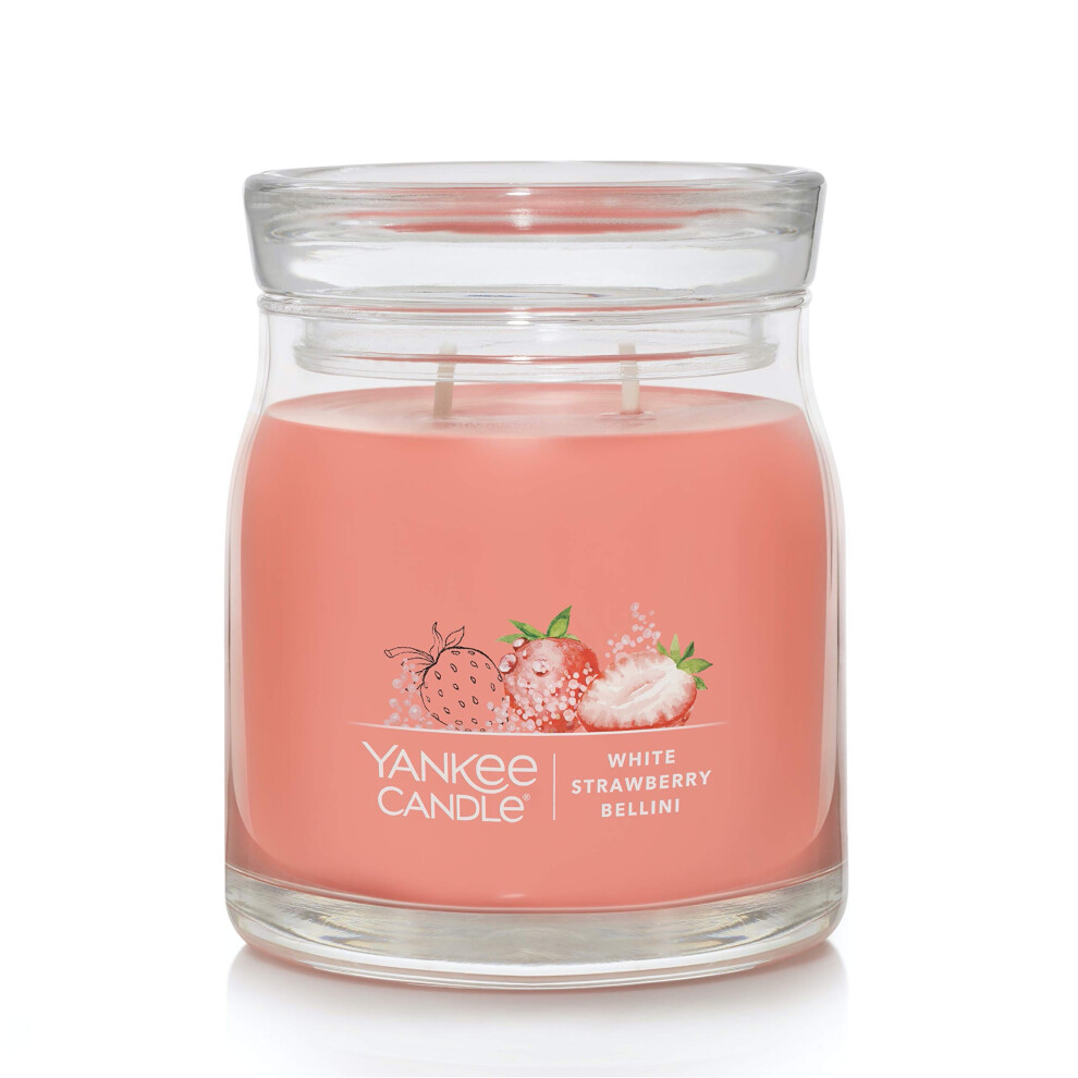 Yankee Candle White Strawberry Bellini Scented  Signature 13oz Medium Jar 2Wick Candle  Over 35 Hours of Burn Time