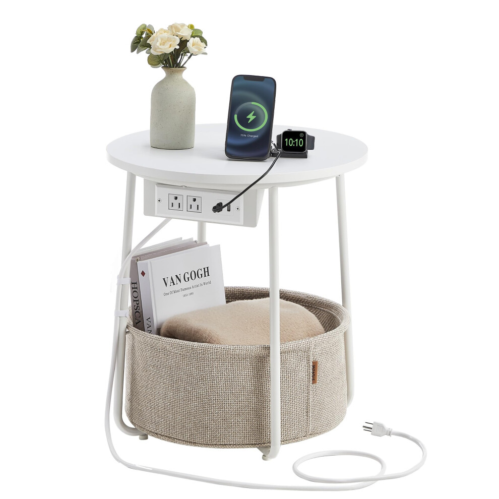 VASAGLE Side Table with Charging Station  Round End Table With Fabric Basket  Nightstand with Power Outlets USB Ports  for Livin