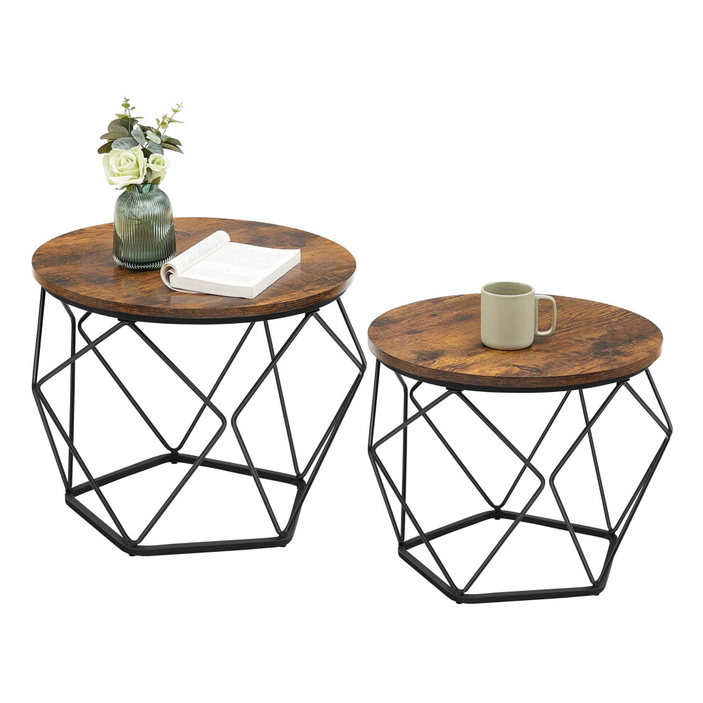 VASAGLE Small Coffee Table Set of 2  Round Coffee Table with Steel Frame  Side End Table for Living Room  Bedroom  Office  Rusti