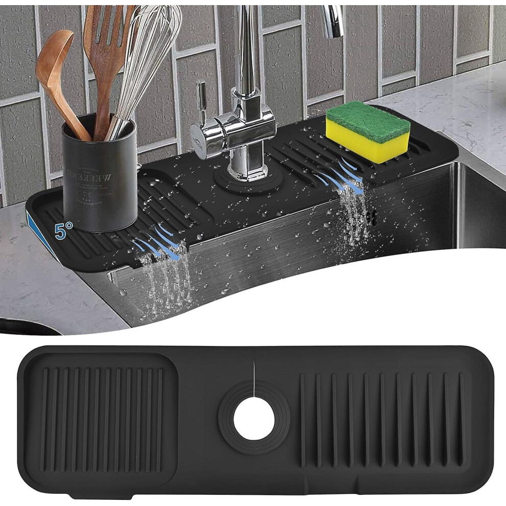 (Black, 45X14cm) Kitchen Sink Splash Guard Mat, Silicone Faucet Drip Catcher Tray, Kitchen Sink Organizer Mat, Faucet Sink Protectors Drying Mat 7364070680665