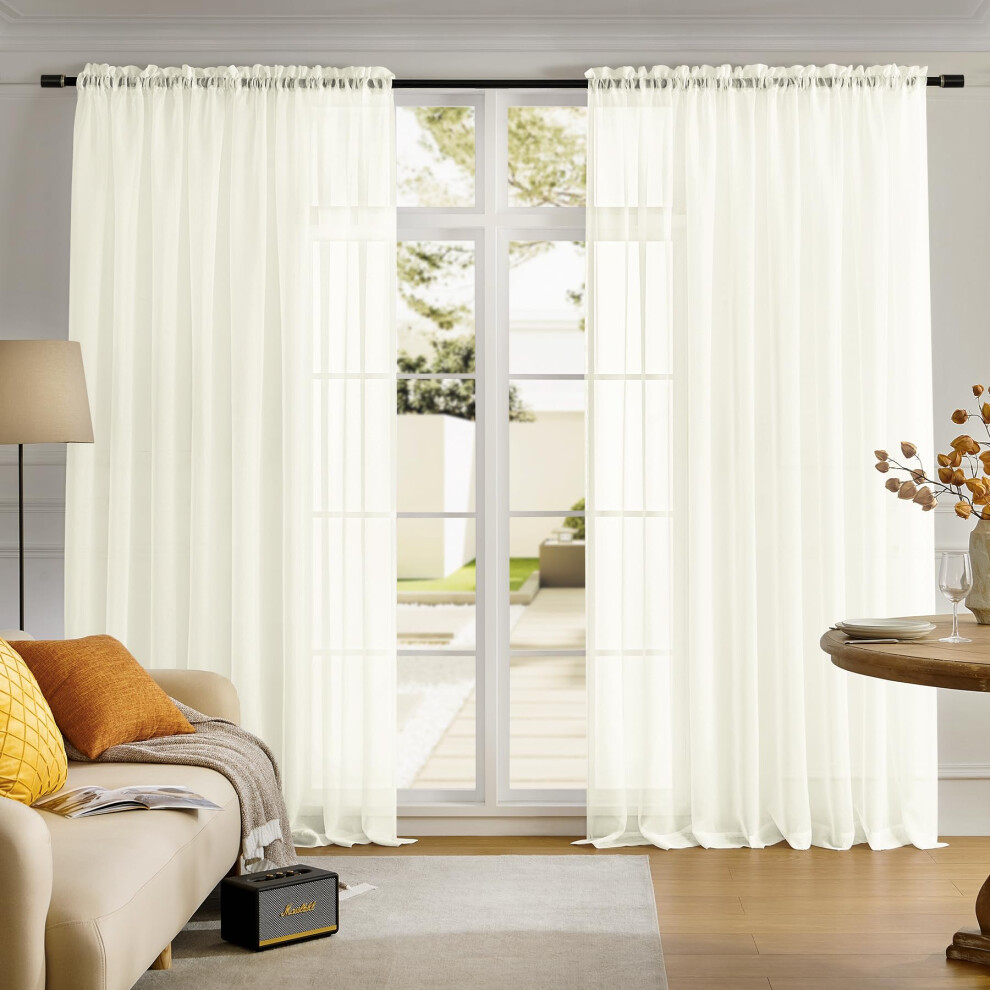Tende Trasparenti Beige Lunghe 95 Pollici, Tende Con Asta Per Soggiorno, Camera Da Letto, Tende Semi-Pieghettate Extra Larghe Per Cortile, Patio,-image