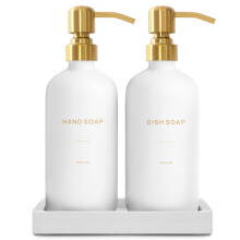 Conjunto de Dispensadores de Sabão Prus Waso Gold, Vidro com Bomba de Aço Inoxidável Dourada, Ideal para Cozinha Moderna