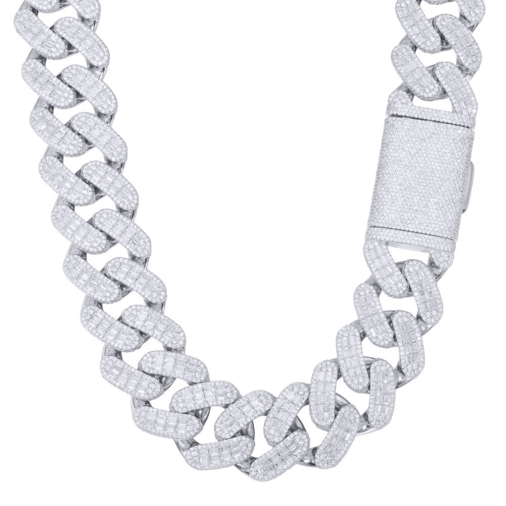 (26) Jewelco London Men's Rhodium Silver White Baguette CZ Encrusted Square Curb Chain Necklace - ABB205