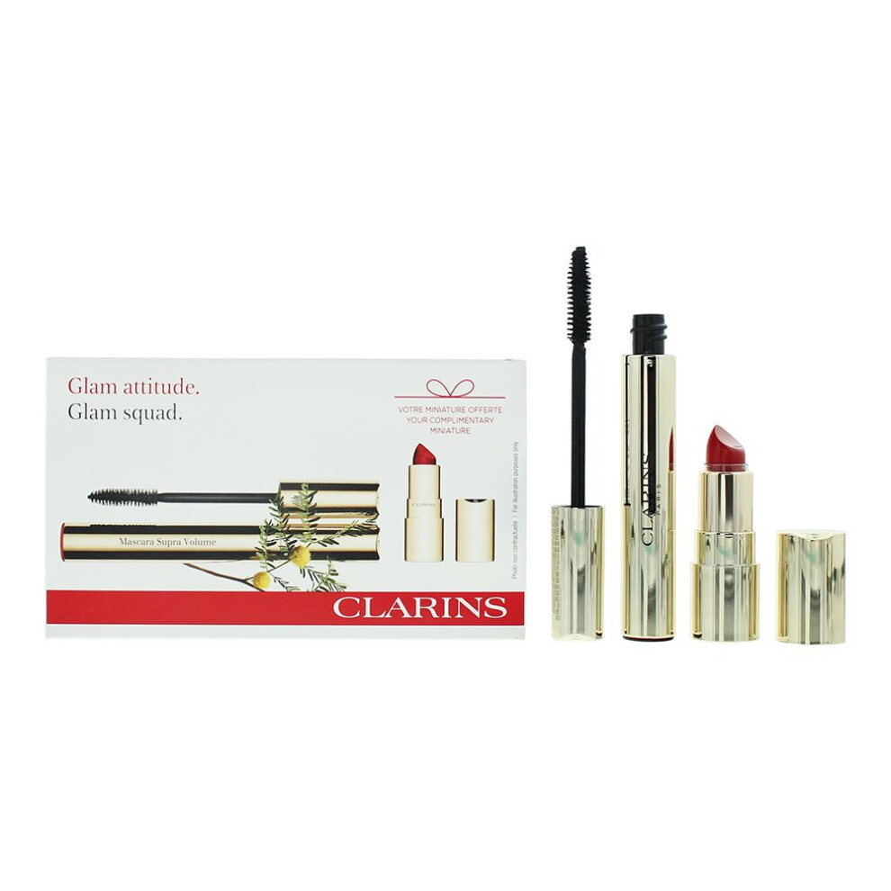 Clarins Glam Squad Gift Set: Supra Volume Mascara 8ml -  Mini Joli Rouge Velvet 742V Lipstick 1.5g