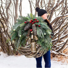 Farmhouse 14-Inch Rattan Christmas Wreath with Faux Greens, Pinecones, Berries & Center Golden Bells - Whimsical Front Door Decor