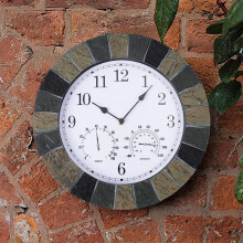 34cm Slate Effect Garden Wall Clock Thermometer Large Resin Indoor Outdoor Home