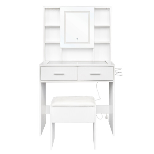 LED Dressing Table Set w/ Stool Drawers Shelves Hair Dryer Rack Socket 2