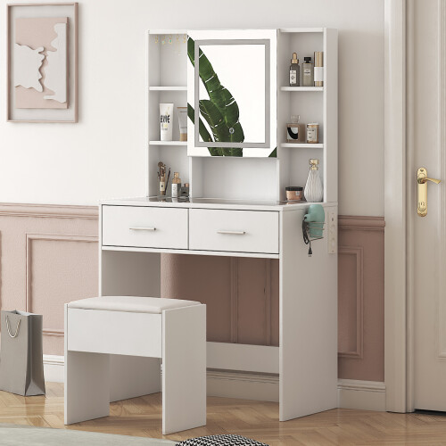 LED Dressing Table Set w/ Stool Drawers Shelves Hair Dryer Rack Socket 1