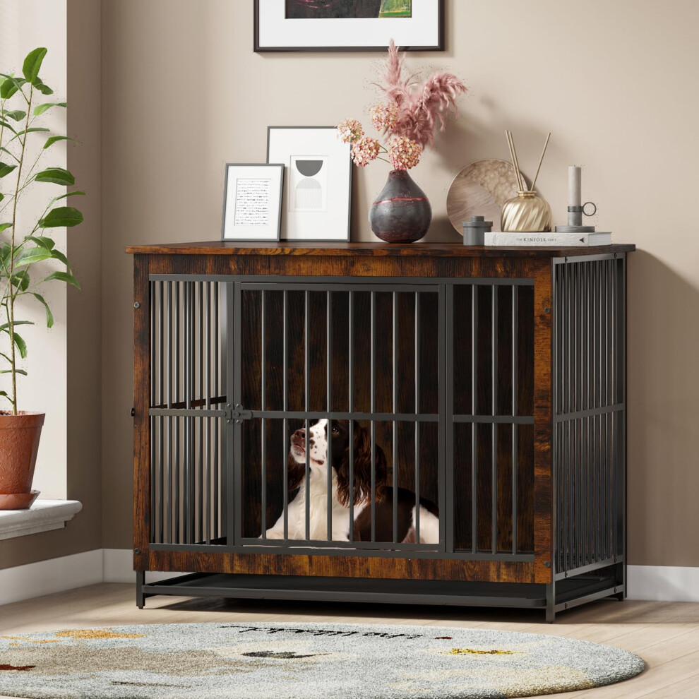Hello-5ive Large Dog Crate Furniture, Wooden Dog Cage with Double Doors
