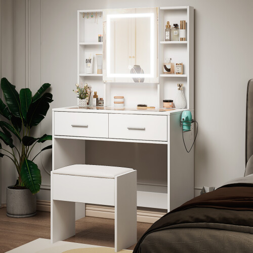 Dressing Table Set Vanity Table Stool w/Dimming Mirror & 2 Drawers