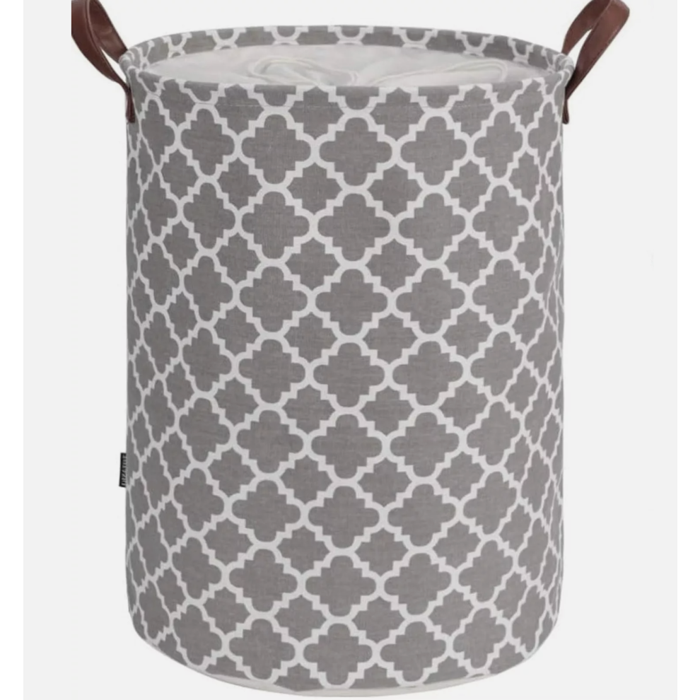 Large Grey Retro Washing Laundry Basket (Leather Handles)