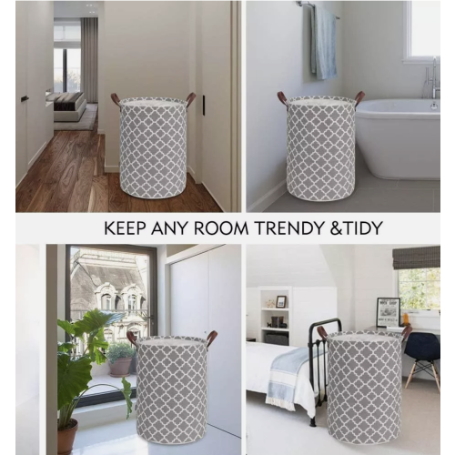 Large Grey Retro Washing Laundry Basket (Leather Handles) 1