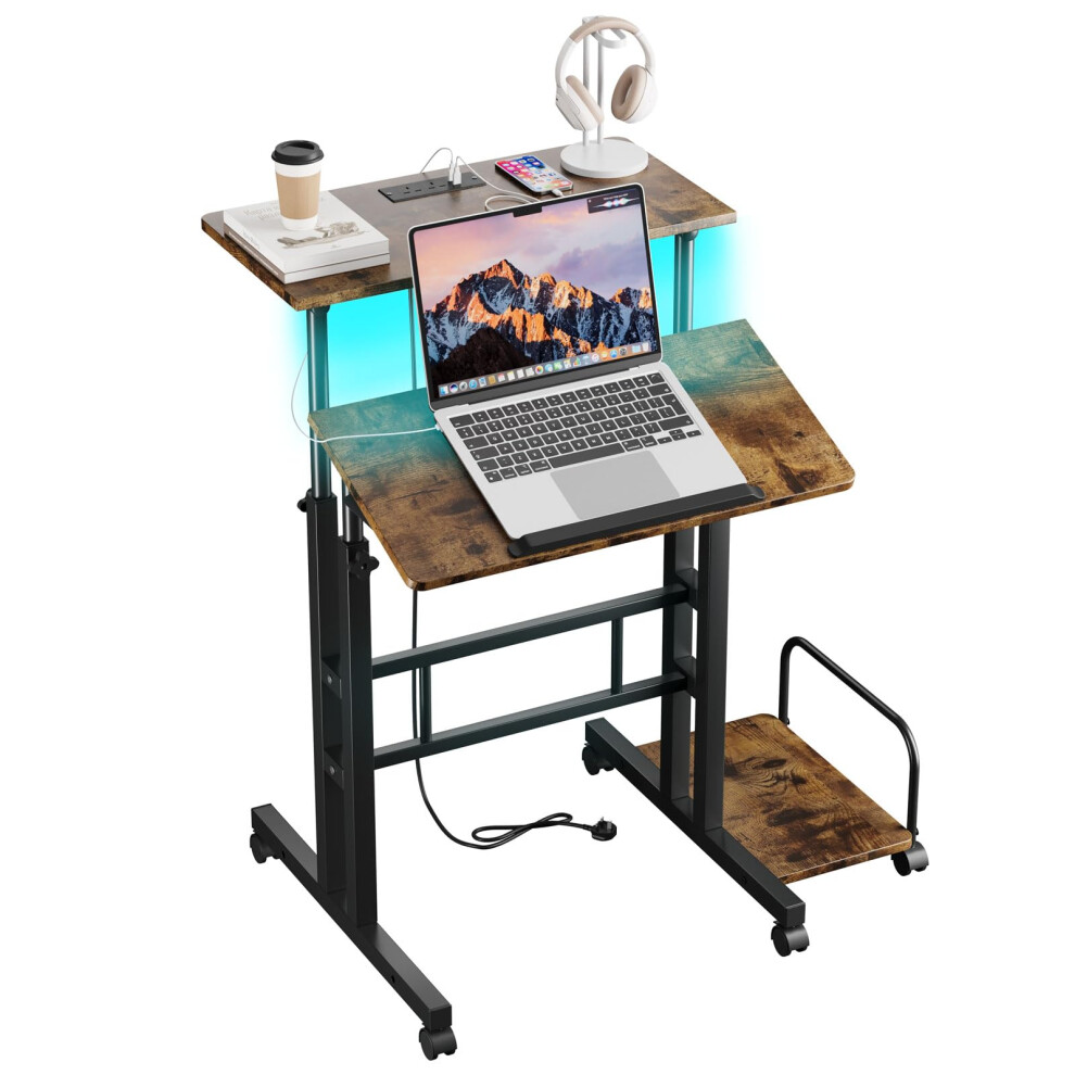 (With Power Outlets, Rustic Brown) Sit-Stand Workstation Height Adjustable Desk