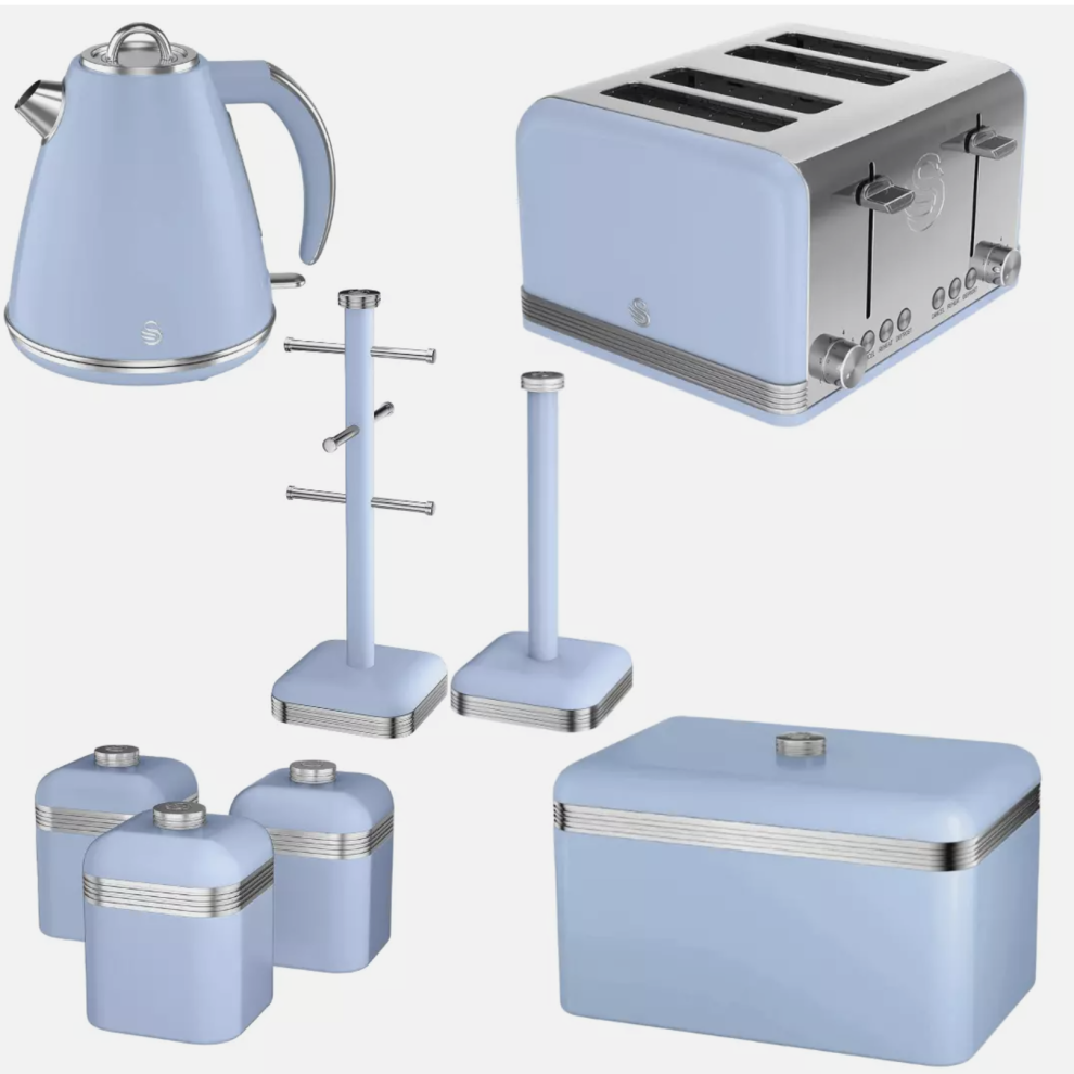 Swan Retro Blue Kettle, 4 Slice Toaster, Bread Bin Canisters Pole Set
