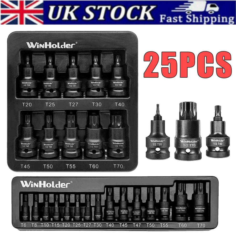 25PC IMPACT TORX BIT Sockets Set 1/2" Dr Impact TRX Star Socket T6-T70
