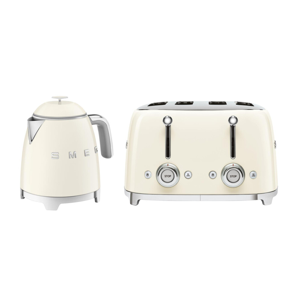 Smeg 50's Style Retro Range Breakfast Set, 0.8L 1400W Mini Kettle and Multi-Functional Control 4-Slice 2000W Toaster, Cream, KLF05CRUK/ TSF03CRUK