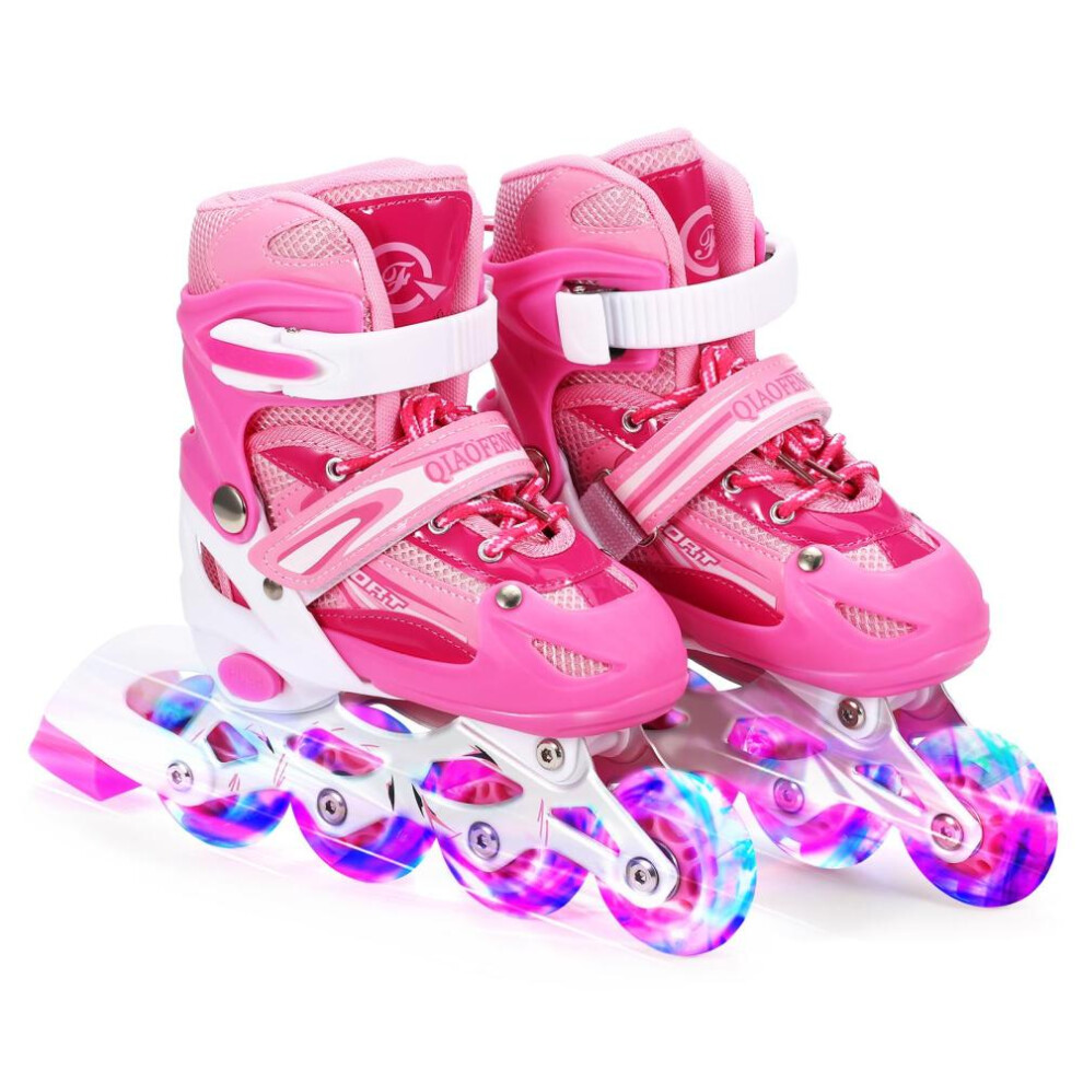 (pink, M) Adjustable Illuminating Inline Skates With Light Up Wheels For Kids And Adults For Girls And Boys