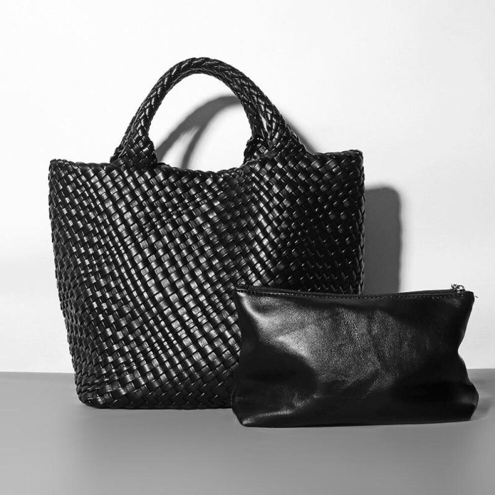 (black) Pu Leather Bucket Bag For Women 2023 Soft Leather Tote Bag Shoulder Bag Luxury Knitting Design European And American Big Bag