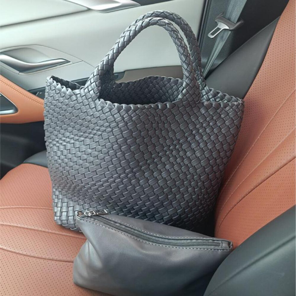 (dark gray) Pu Leather Bucket Bag For Women 2023 Soft Leather Tote Bag Shoulder Bag Luxury Knitting Design European And American Big Bag