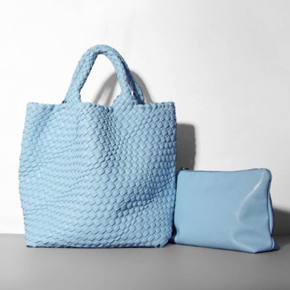 (sky blue) Pu Leather Bucket Bag For Women 2023 Soft Leather Tote Bag Shoulder Bag Luxury Knitting Design European And American Big Bag