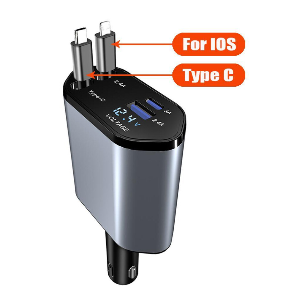 100W Car Charger USB Type C Super Fast Charge Flash Charging Retractable Cable Phone Car Charger For iphone Huawei Samsung with Voltage Display