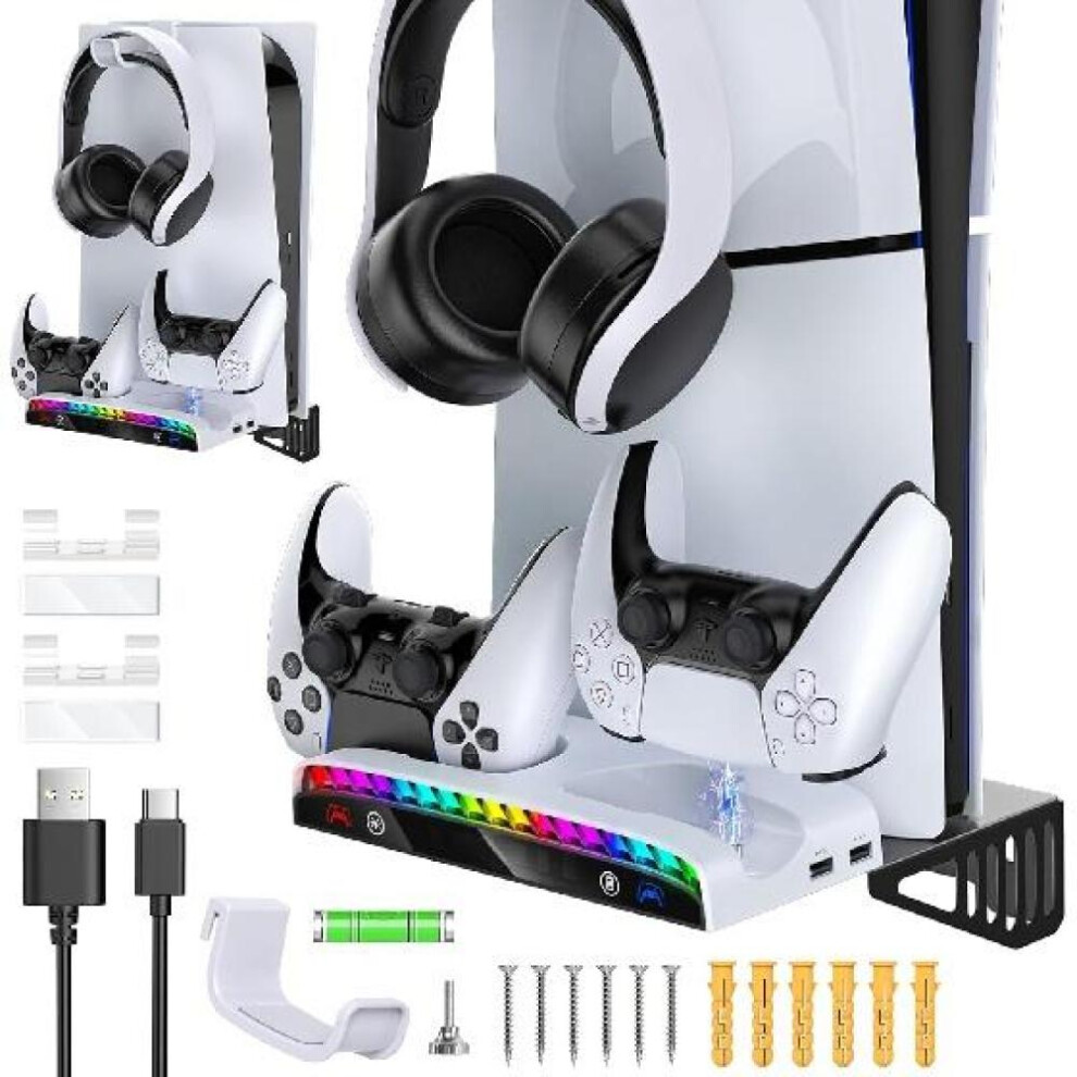 Wall Mount Kit for PS5 Slim/PS5 Console-Dual Charging Station Compatible with Playstation 5 Accessories -15 RGB Light-3 USB HUB-Headset Holder