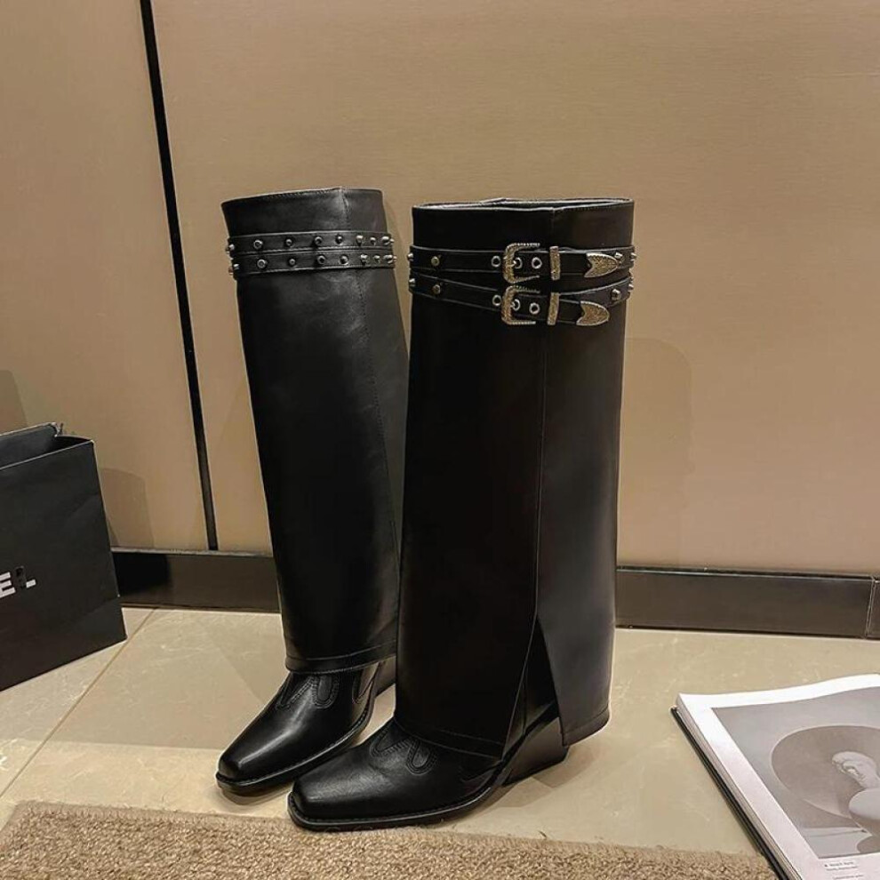 (black, Size 35(foot 22.5cm)) Trend Fashion Autumn Cowboy Boots For Women Fashion Slip On Long Pipe Boots Female Square High Heel Trend Winter Footwear