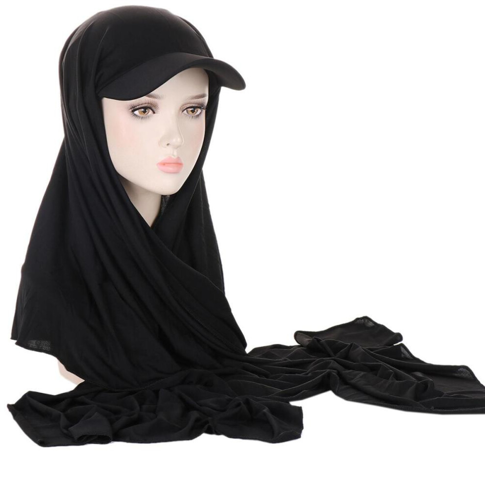(black) 13 Colors New Women&apos;s Fashion Scarf Cotton Baseball Cap Integrated Scarf Hat Muslim Hijab