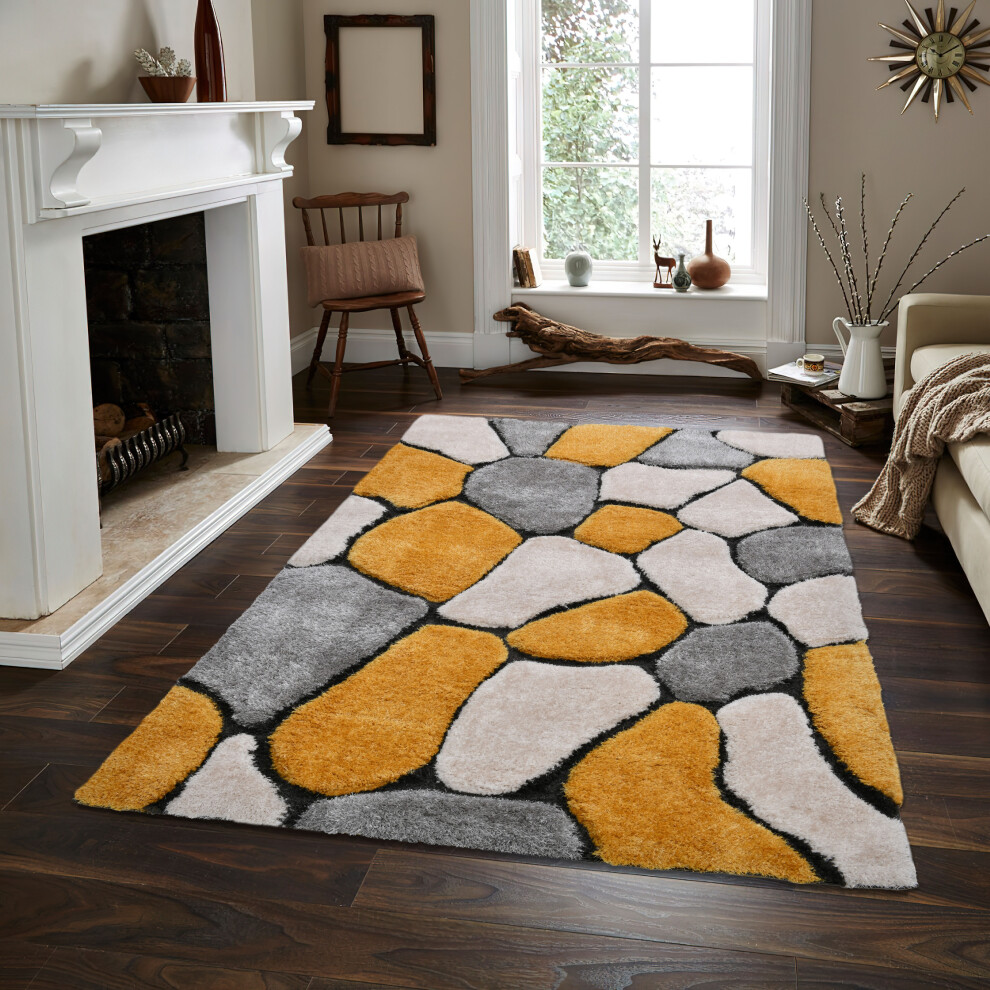 (YELLOW / BEIGE, 160x230cm) Extra Large 3D Shaggy Living Room Rugs Dense Pile