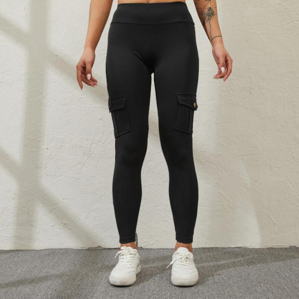(black, XL) Women Yoga Pants Military Style Sport Leggings Gym Slim Fit Pocket Sweatpants Outdoor Running Fitness Pants