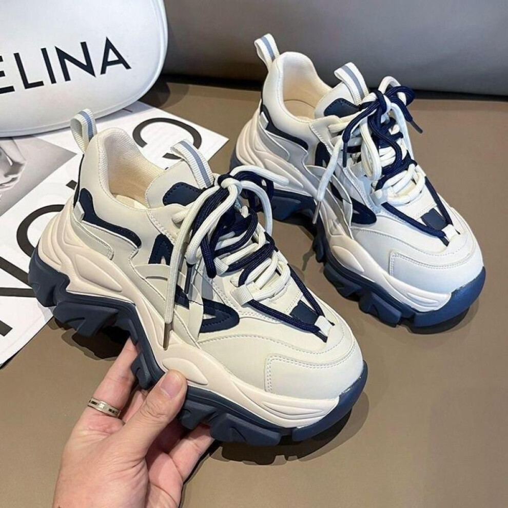 (blue, 35) Fashion Women Chunky Sneakers Spring Pu High Heels Lace Up Platform Shoes For Women Solid Round Toe Vulcanize Shoes Plus Size