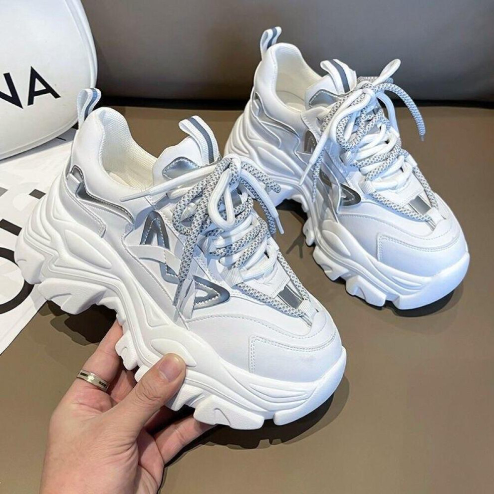 (white, 39) Fashion Women Chunky Sneakers Spring Pu High Heels Lace Up Platform Shoes For Women Solid Round Toe Vulcanize Shoes Plus Size