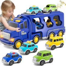(Blue) 7 In 1 Truck Friction Power Toy Car, Fire Truck Toys Construction Truck Toys Police Trucks Toys For Toddlers, Birthday Gifts For Kids -CHN