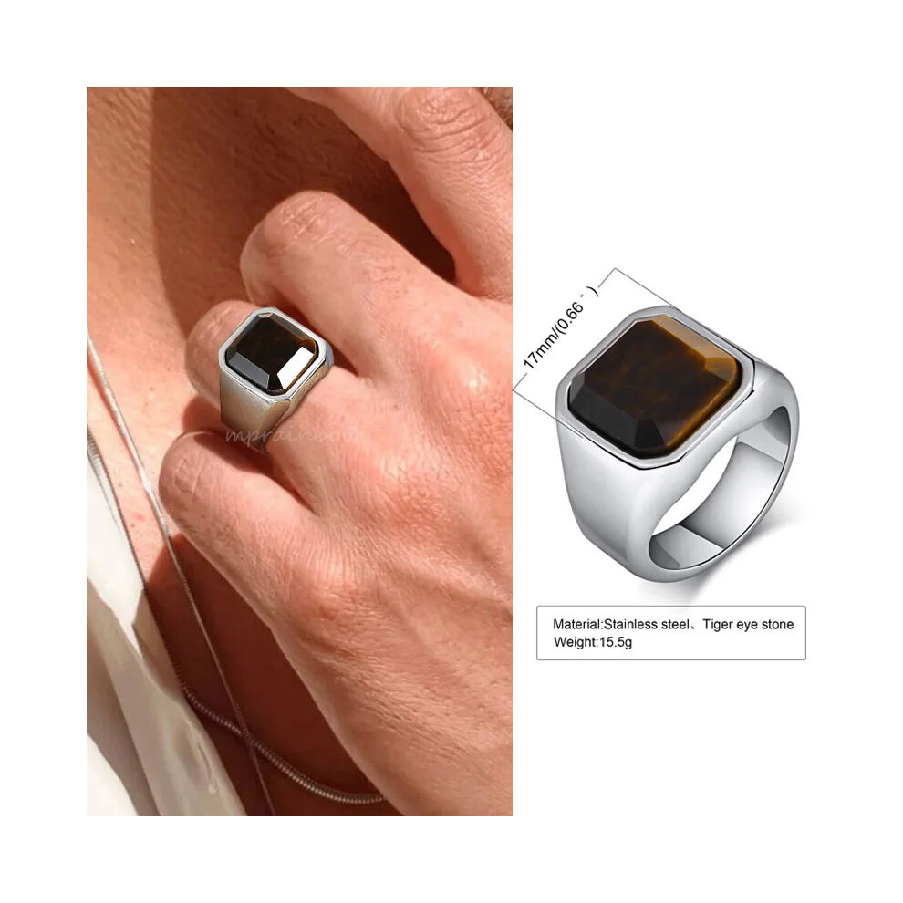 (Tiger s eye stone, 12) Men Tigers Eye Signet Rings Waterproof Stainless Steel