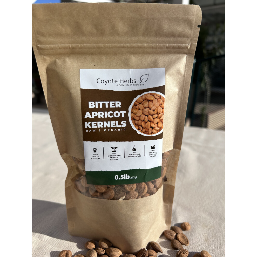 Coyote Herbs Raw Organic Bitter Apricot Kernels - 0.227 Kg (8 Oz) - 100% Natural Seeds For Cosmetic Use (Face Scrub & Exfoliation)