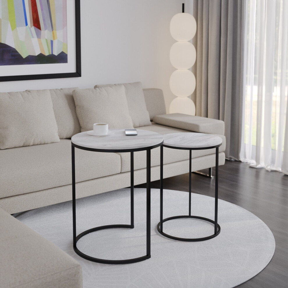 (White Ash Top with Black Legs) 2 Pcs Round Nesting Stackable Sofa Side Bedside End Table Set Wood Top Metal Legs