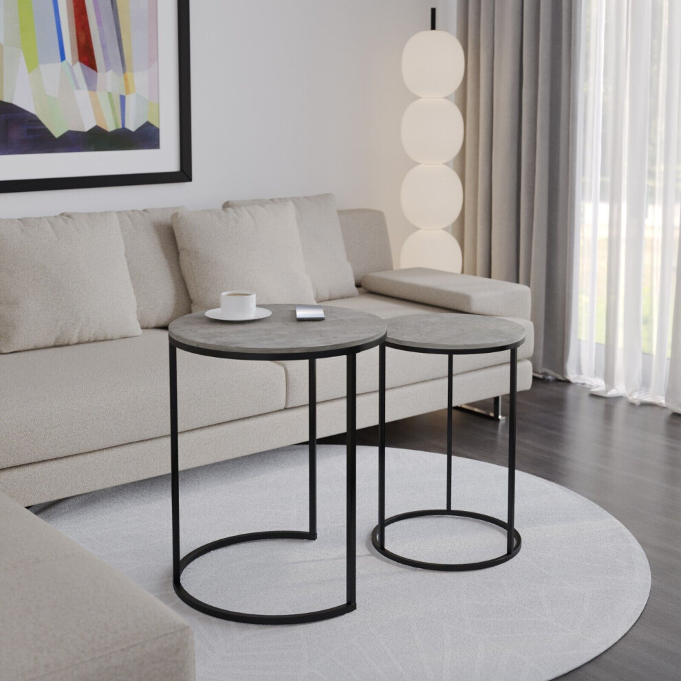 (Concrete Top with Black Legs) 2 Pcs Round Nesting Stackable Sofa Side Bedside End Table Set Wood Top Metal Legs