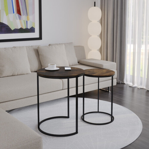 URBN Living (Rustic Brown Top with Black Legs) 2 Pcs Round Nesting Stackable Sofa Side Bedside End Table Set Wood Top Metal Legs