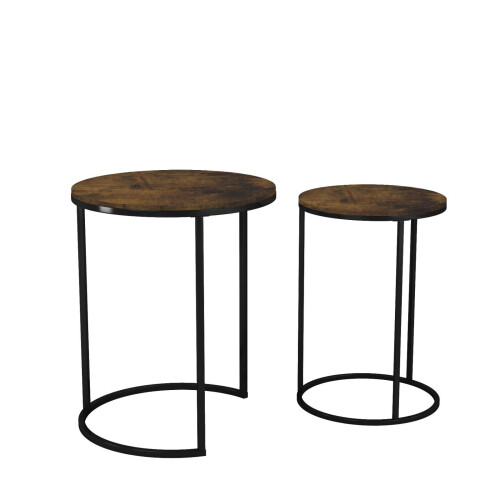 URBN Living (Rustic Brown Top with Black Legs) 2 Pcs Round Nesting Stackable Sofa Side Bedside End Table Set Wood Top Metal Legs 2