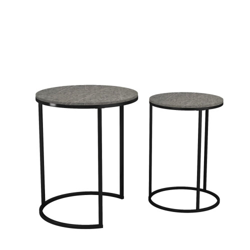 URBN Living (Black Marble Top with Black Legs) 2 Pcs Round Nesting Stackable Sofa Side Bedside End Table Set Wood Top Metal Legs 2
