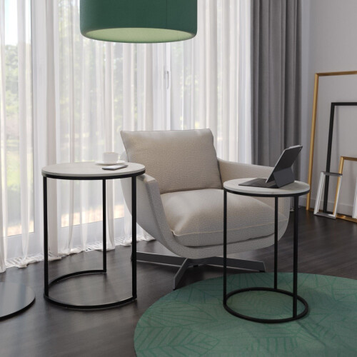 URBN Living (White Marble Top with Black Legs) 2 Pcs Round Nesting Stackable Sofa Side Bedside End Table Set Wood Top Metal Legs 2