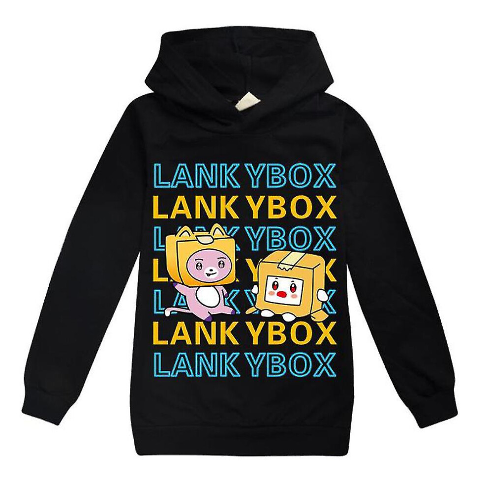 (Black, 9-10 Years) Kids Lankybox Print Casual Hoodie Girls Boys Long Sleeve Hooded Sweatshirt Tops Pullover Jumper Xmas Birthday Gift