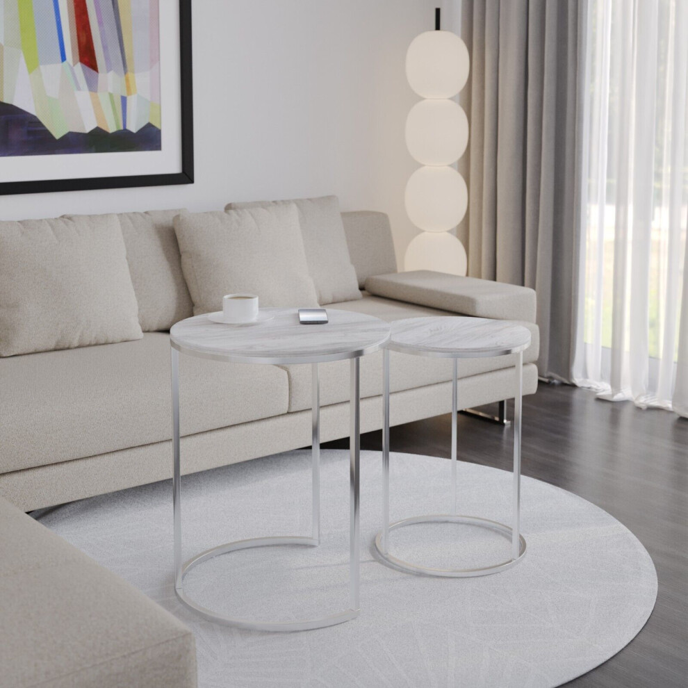 (White Ash Top with Chrome Legs) 2 Pcs Round Nesting Stackable Sofa Side Bedside End Table Set Wood Top Metal Legs