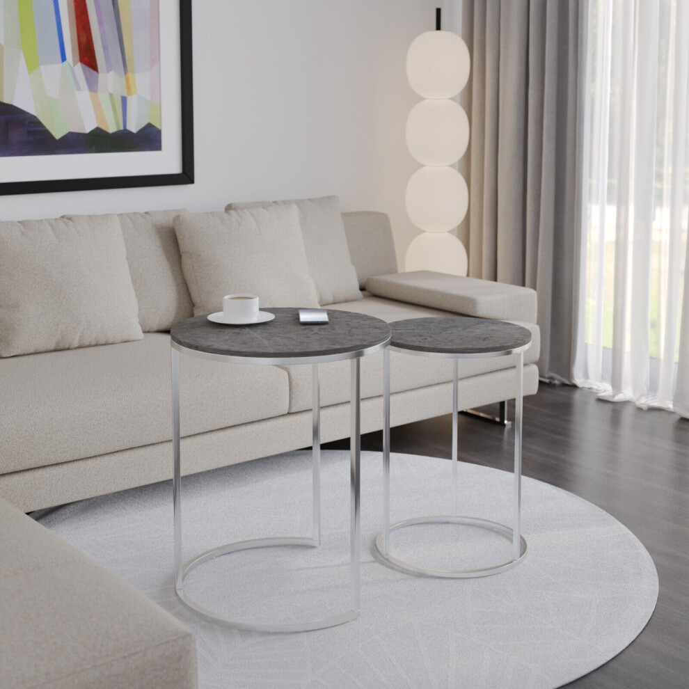 Urbn Living (Black Marble Top With Chrome Legs) 2 Pcs Round Nesting Stackable Sofa Side Bedside End Table Set Wood Top Metal Legs