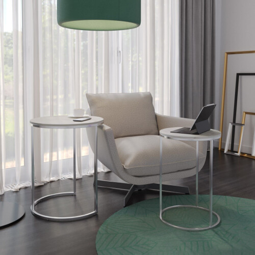 URBN Living (White Marble Top with Chrome Legs) 2 Pcs Round Nesting Stackable Sofa Side Bedside End Table Set Wood Top Metal Legs