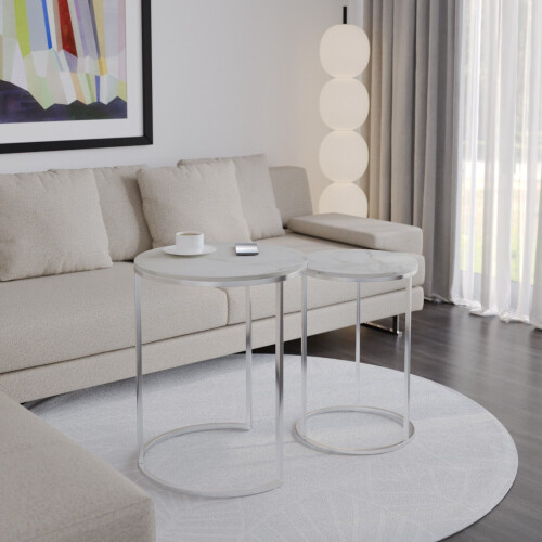 URBN Living (White Marble Top with Chrome Legs) 2 Pcs Round Nesting Stackable Sofa Side Bedside End Table Set Wood Top Metal Legs 2