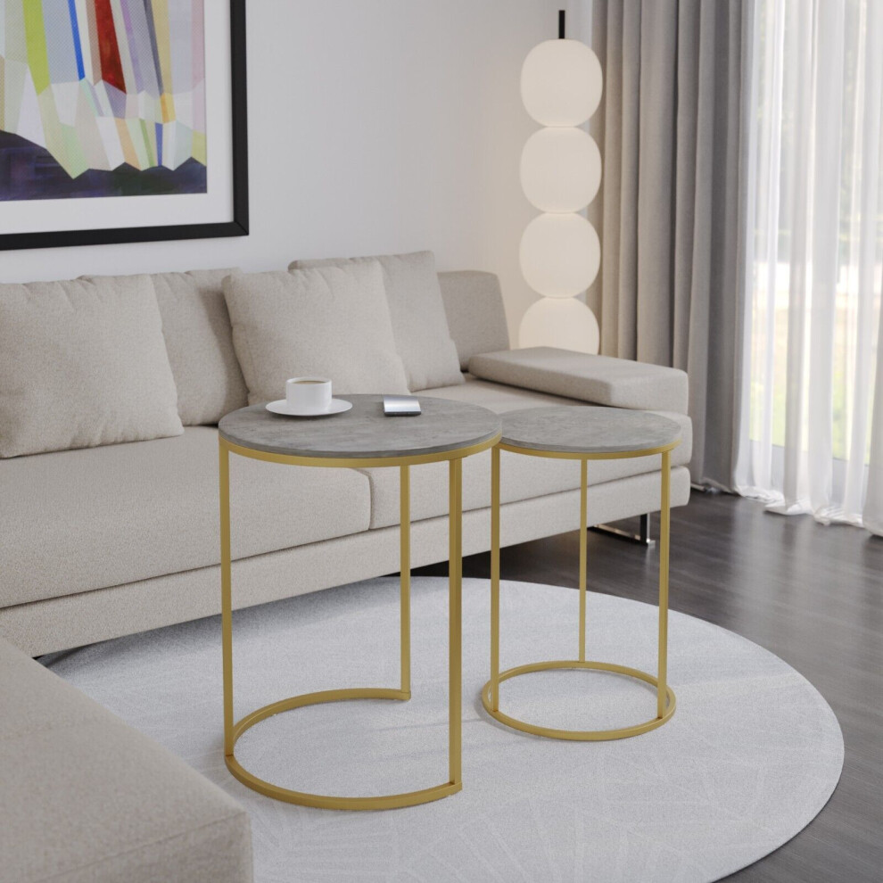 (Concrete Top with Gold Legs) 2 Pcs Round Nesting Stackable Sofa Side Bedside End Table Set Wood Top Metal Legs