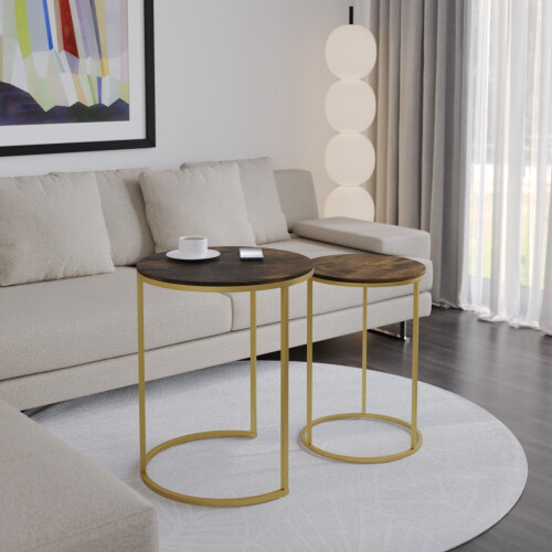 URBN Living (Rustic Brown Top with Gold Legs) 2 Pcs Round Nesting Stackable Sofa Side Bedside End Table Set Wood Top Metal Legs