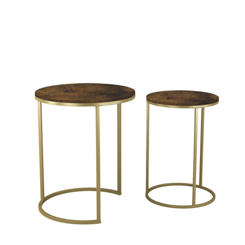 URBN Living (Rustic Brown Top with Gold Legs) 2 Pcs Round Nesting Stackable Sofa Side Bedside End Table Set Wood Top Metal Legs 2